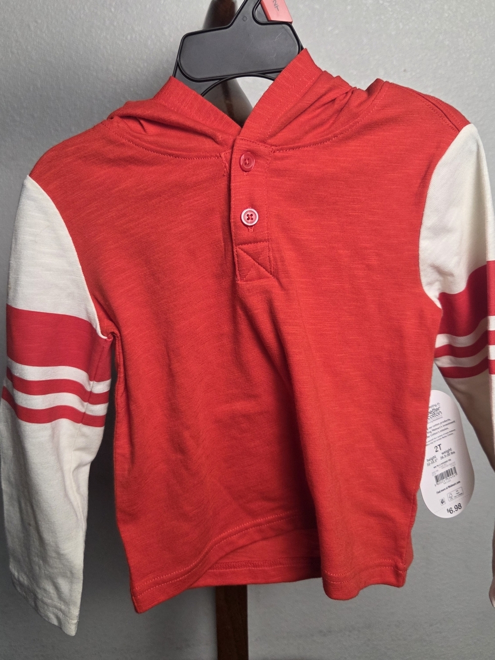 Toddler Long-Sleeve Hooded Henley in Red and White